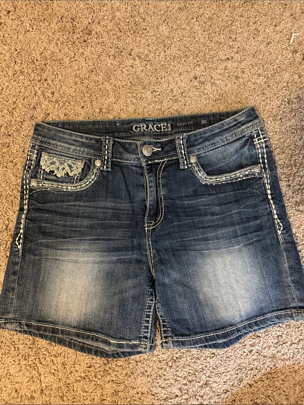 Grace Blue Washed Denim Shorts with Embroidered Pocket